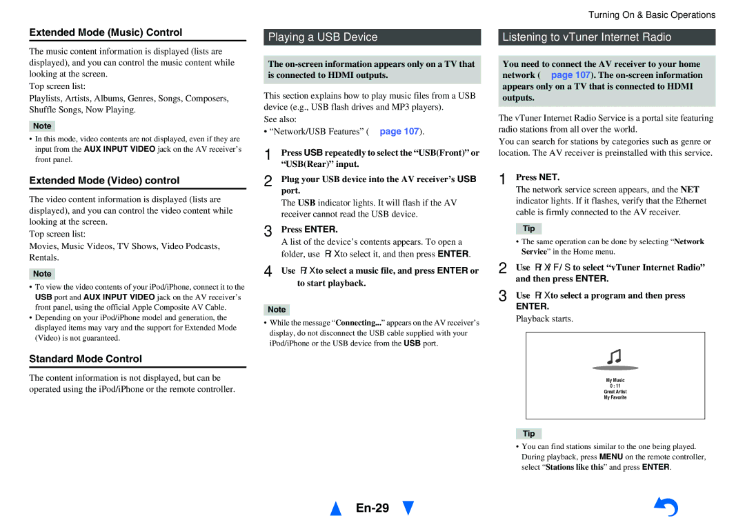 Onkyo TX-NR818 instruction manual En-29, Playing a USB Device, Listening to vTuner Internet Radio 