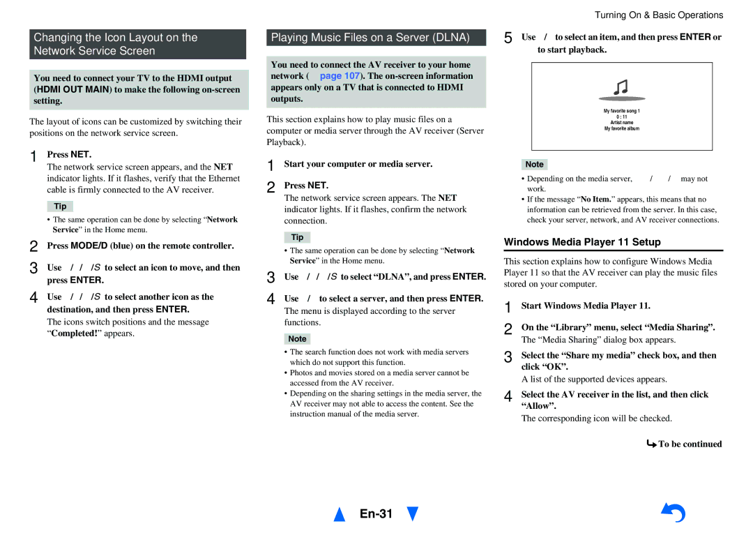 Onkyo TX-NR818 En-31, Changing the Icon Layout on the Network Service Screen, Playing Music Files on a Server Dlna 