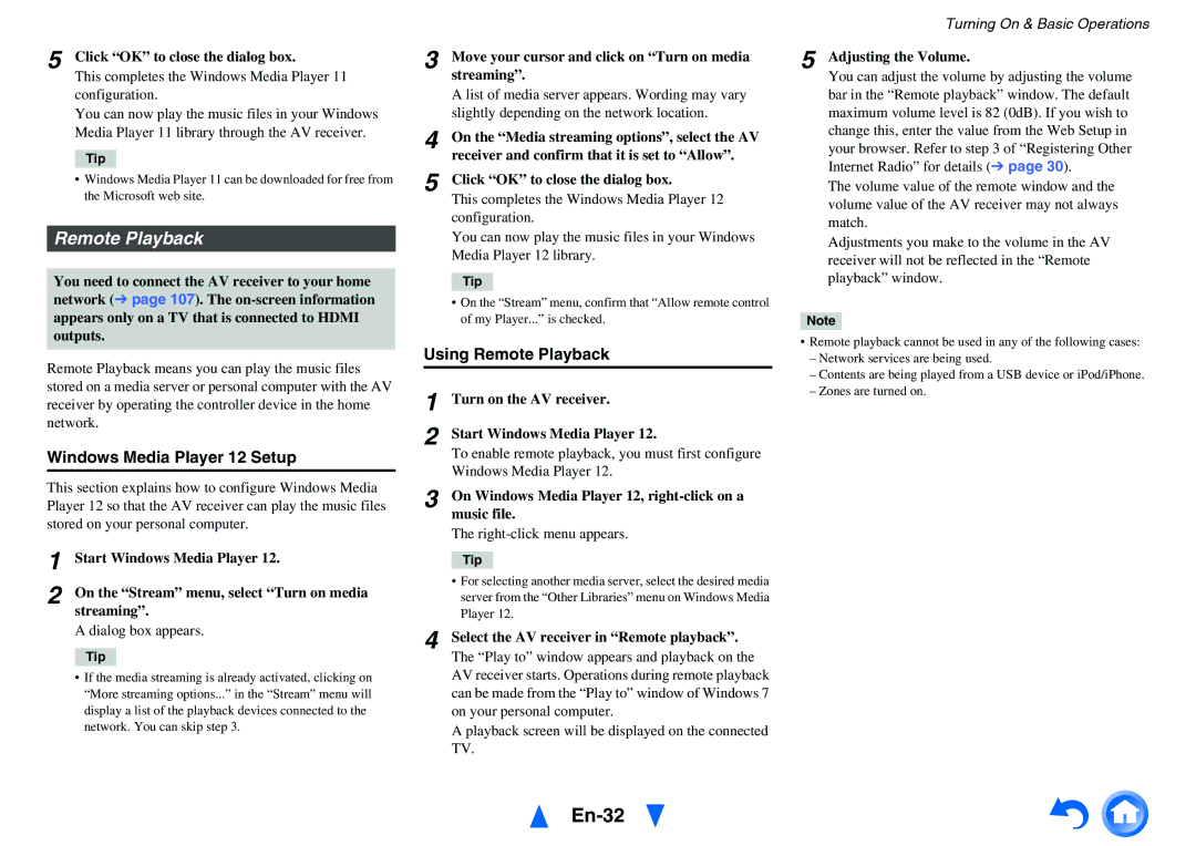 Onkyo TX-NR818 instruction manual En-32, Windows Media Player 12 Setup, Using Remote Playback 
