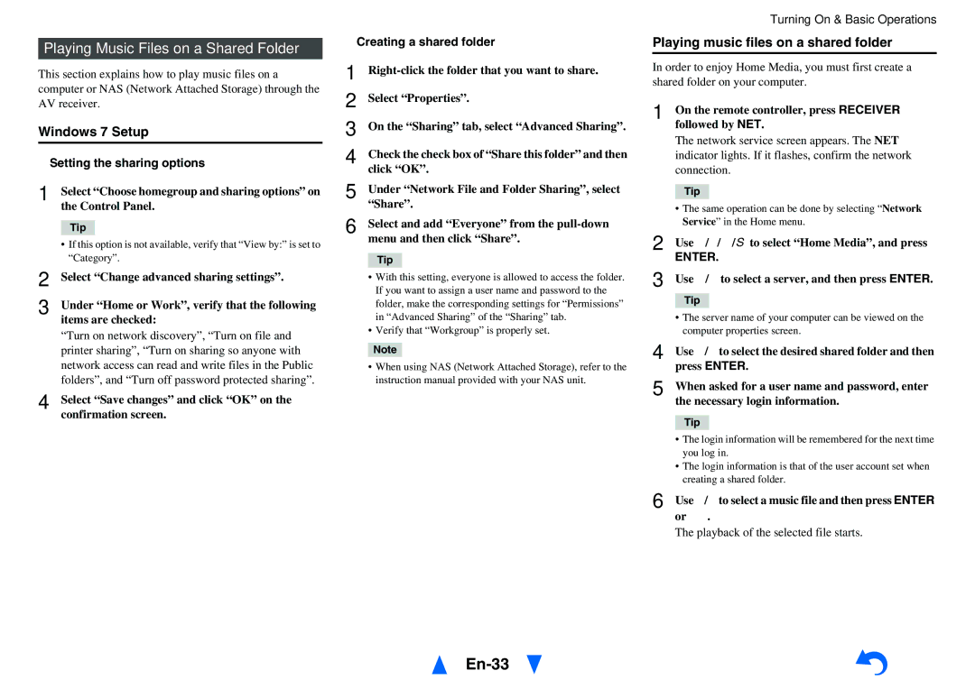 Onkyo TX-NR818 En-33, Playing Music Files on a Shared Folder, Windows 7 Setup, Playing music files on a shared folder 