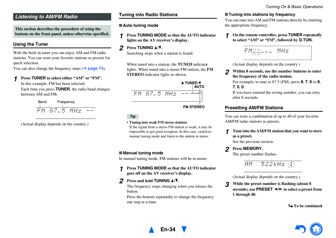 Onkyo TX-NR818 En-34, Listening to AM/FM Radio, Using the Tuner, Tuning into Radio Stations, Presetting AM/FM Stations 