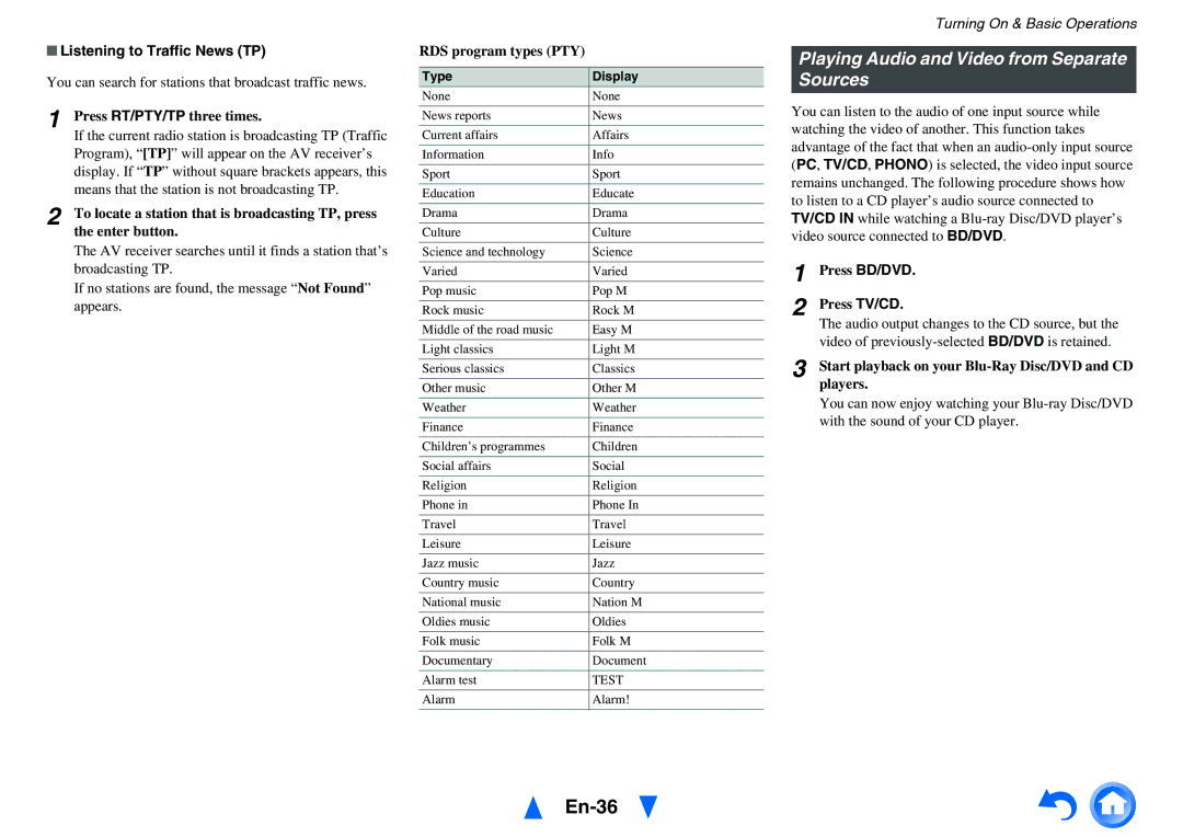 Onkyo TX-NR818 instruction manual En-36, Playing Audio and Video from Separate Sources, Listening to Traffic News TP 
