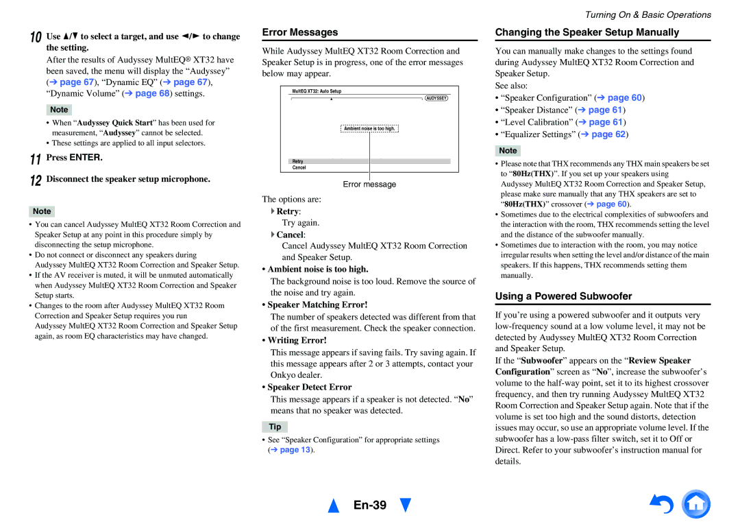 Onkyo TX-NR818 instruction manual En-39, Error Messages, Changing the Speaker Setup Manually, Using a Powered Subwoofer 