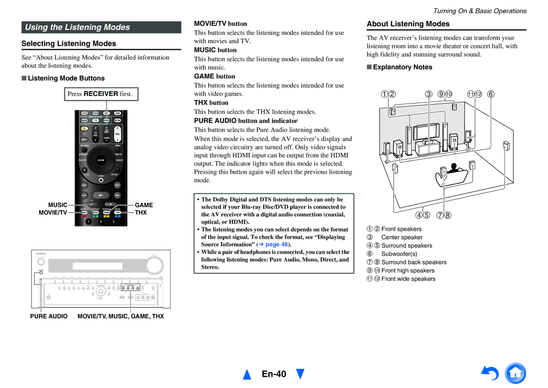 Onkyo TX-NR818 instruction manual En-40, Using the Listening Modes, Selecting Listening Modes, About Listening Modes 