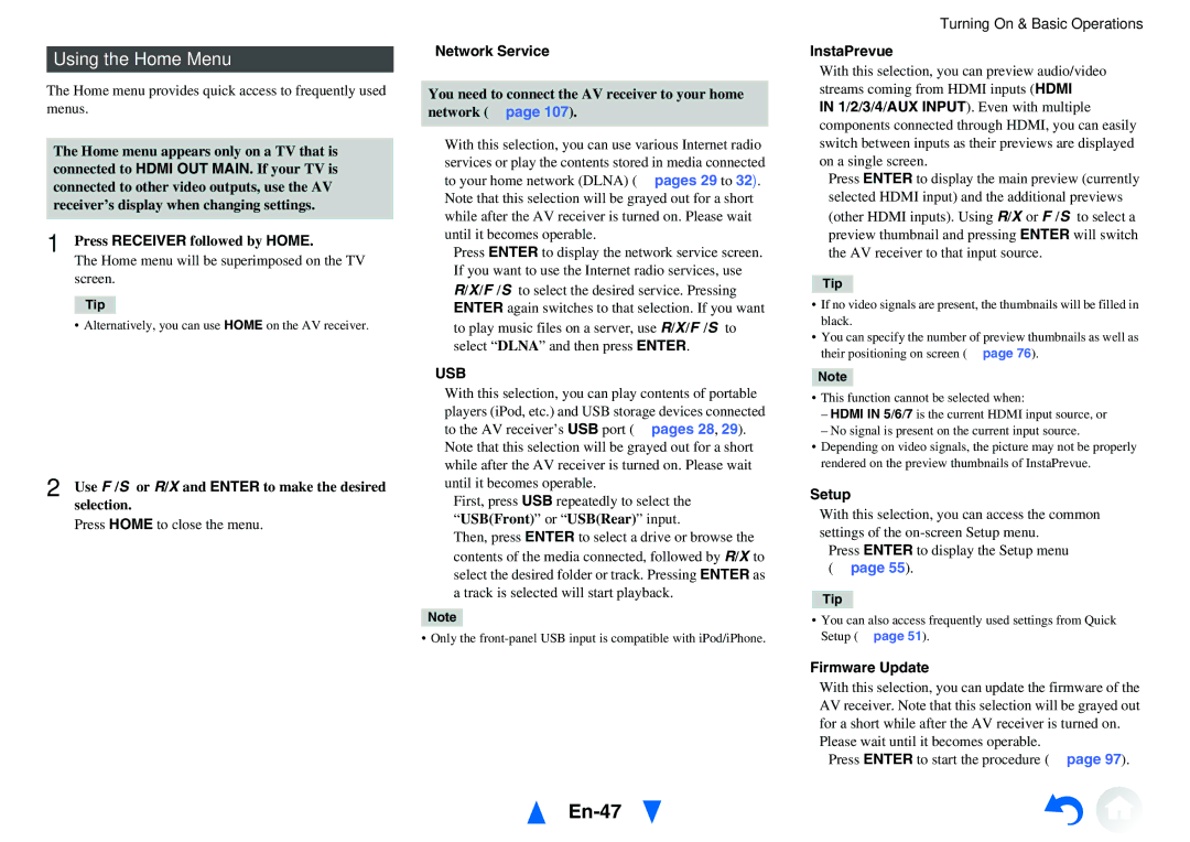 Onkyo TX-NR818 instruction manual En-47, Using the Home Menu, Usb 