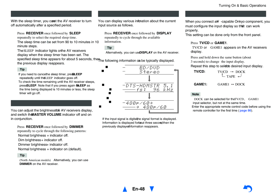 Onkyo TX-NR818 En-48, Using the Sleep Timer, Setting the Display Brightness, Displaying Source Information 