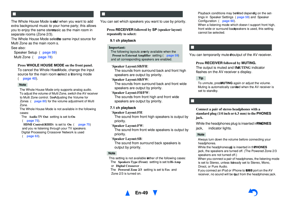 Onkyo TX-NR818 En-49, Using the Whole House Mode, Selecting Speaker Layout, Muting the AV Receiver, Using Headphones 