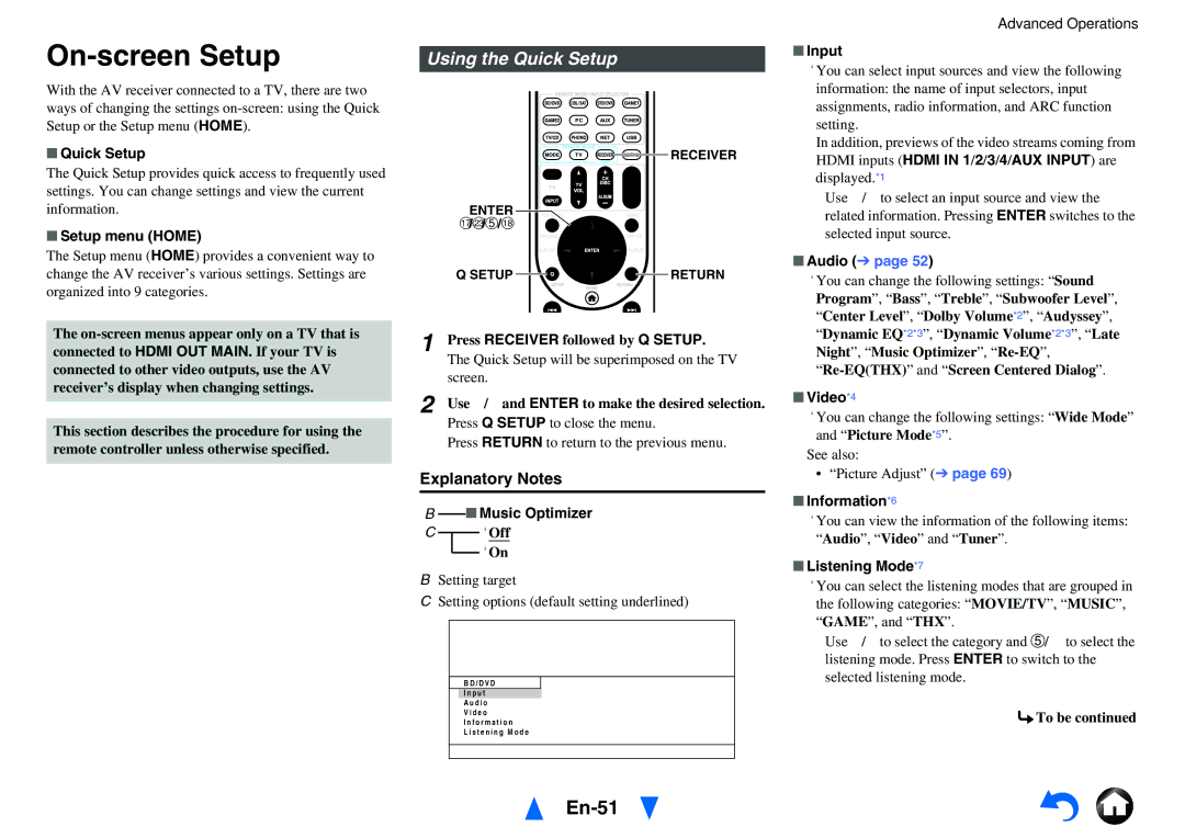 Onkyo TX-NR818 instruction manual On-screen Setup, En-51, Using the Quick Setup, Explanatory Notes 