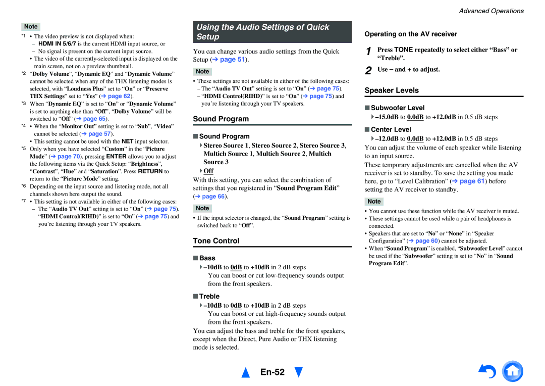 Onkyo TX-NR818 En-52, Using the Audio Settings of Quick Setup, Sound Program, Tone Control, Speaker Levels 