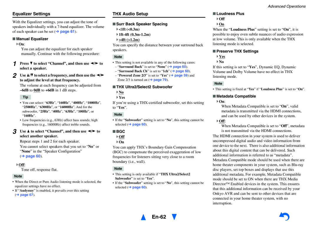 Onkyo TX-NR818 instruction manual En-62, Equalizer Settings, THX Audio Setup, Bgc 