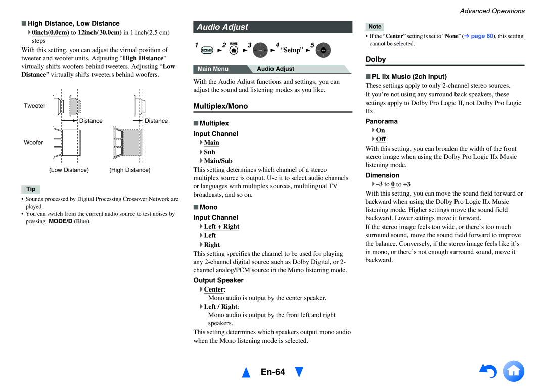 Onkyo TX-NR818 instruction manual En-64, Audio Adjust, Multiplex/Mono, Dolby 