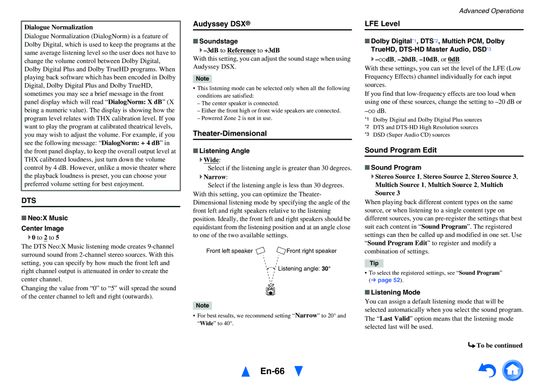 Onkyo TX-NR818 instruction manual En-66, Audyssey DSX, Theater-Dimensional, LFE Level, Sound Program Edit 