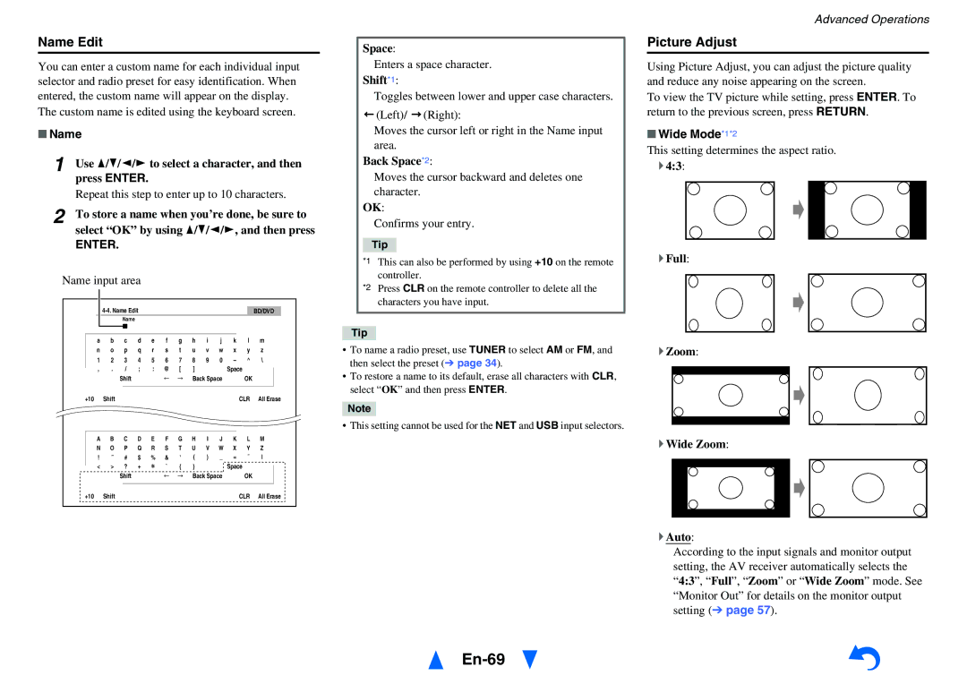 Onkyo TX-NR818 instruction manual En-69, Name Edit, Picture Adjust, Wide Mode*1*2 