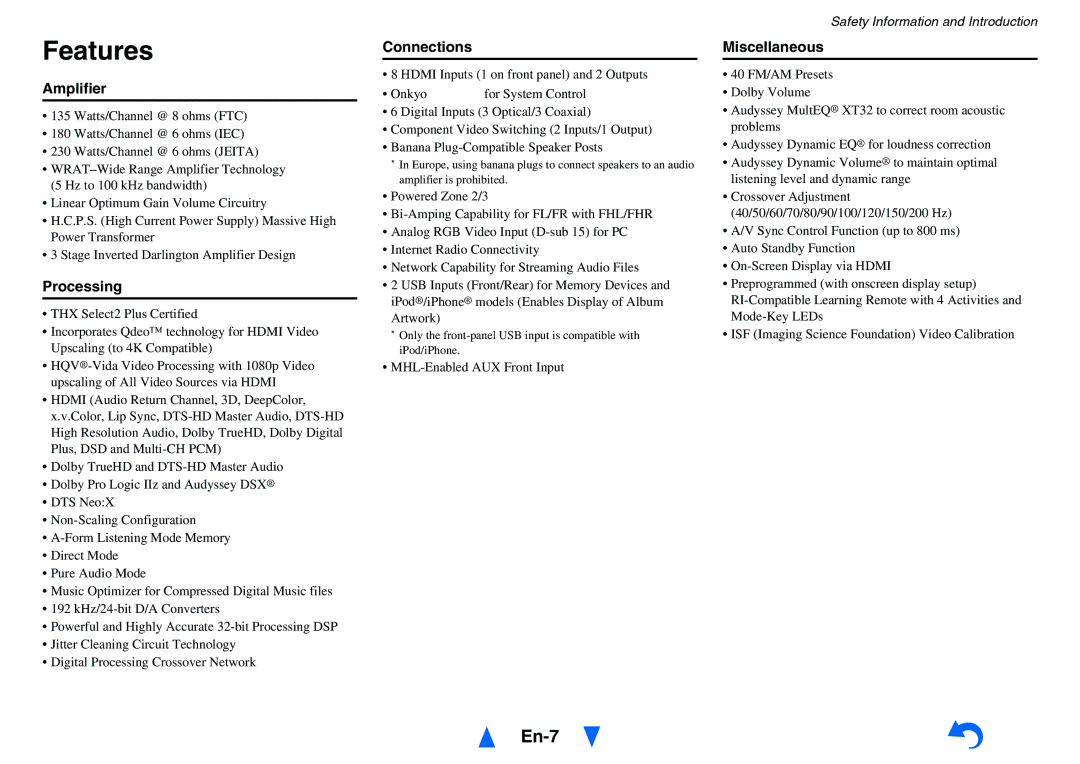 Onkyo TX-NR818 instruction manual Features, En-7 