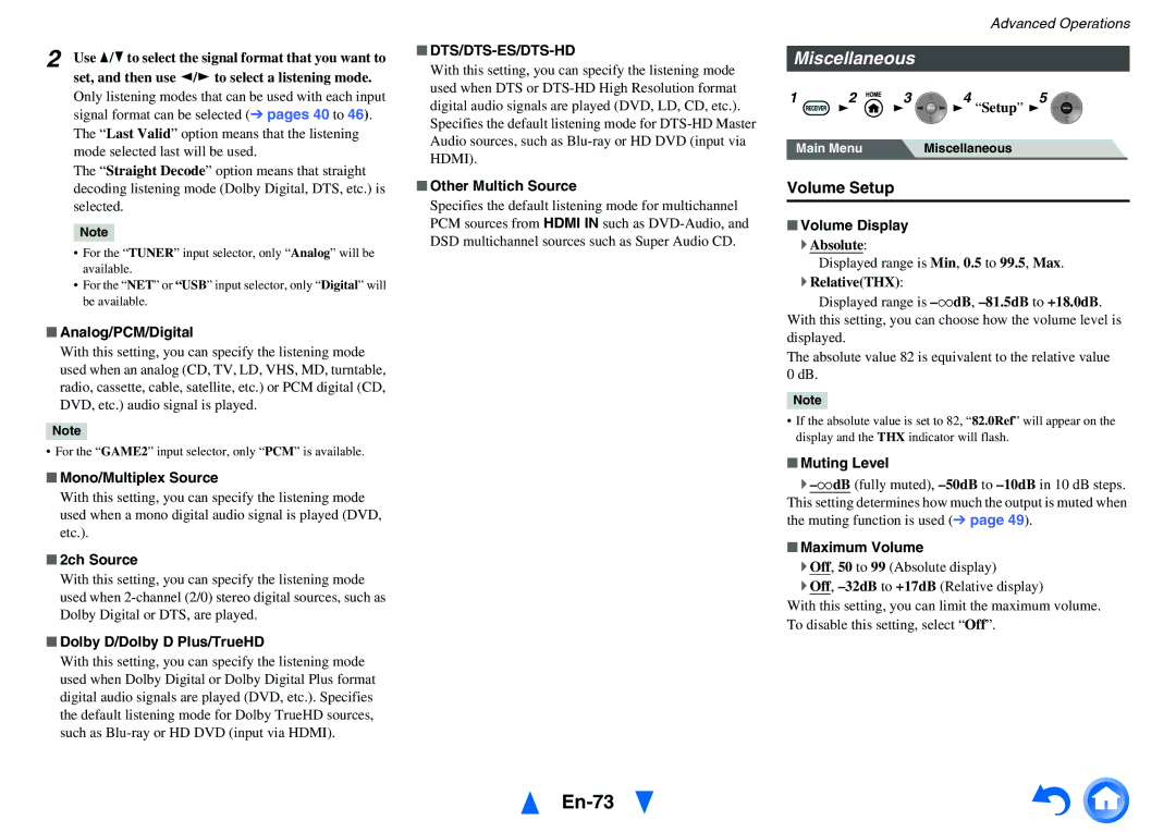 Onkyo TX-NR818 instruction manual En-73, Miscellaneous, Volume Setup, Dts/Dts-Es/Dts-Hd 