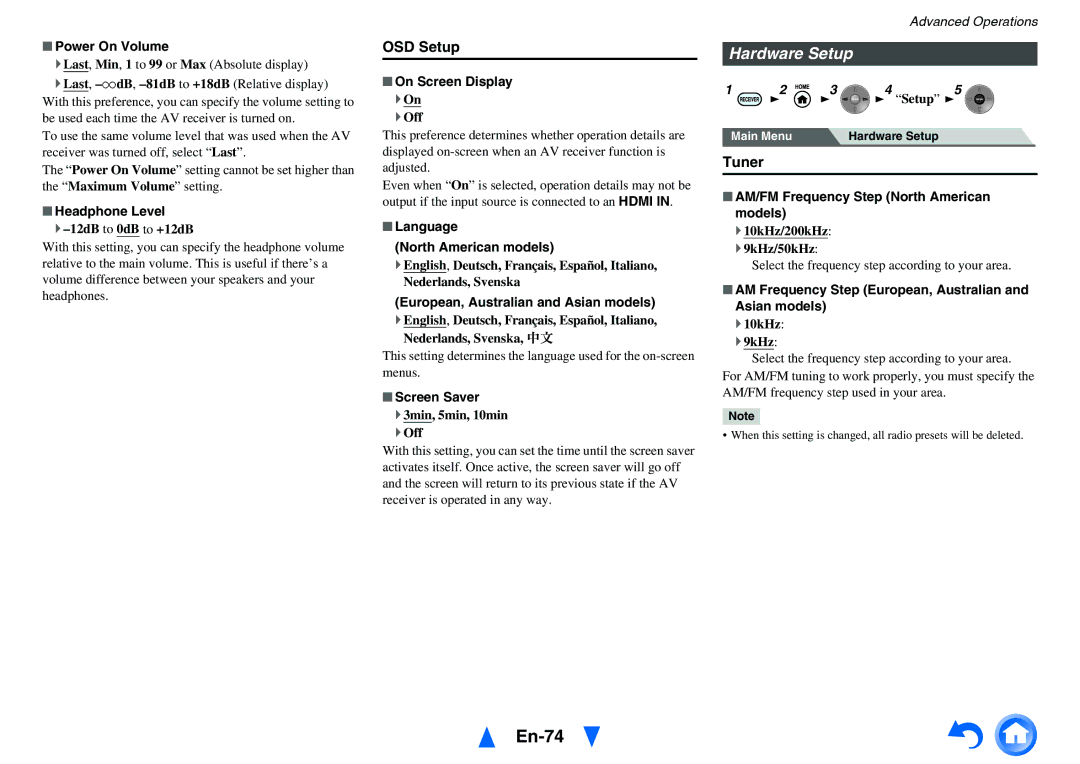 Onkyo TX-NR818 instruction manual En-74, Hardware Setup, OSD Setup, Tuner 