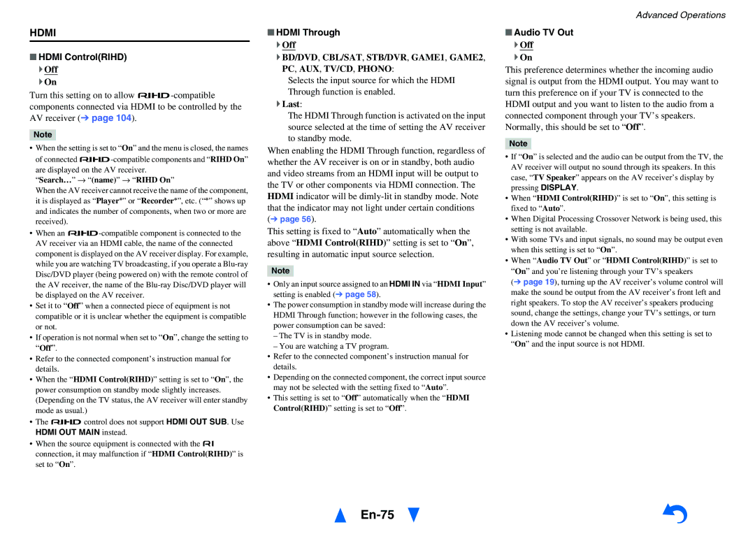 Onkyo TX-NR818 instruction manual En-75, Hdmi ControlRIHD, Hdmi Through, ` Last, Audio TV Out 