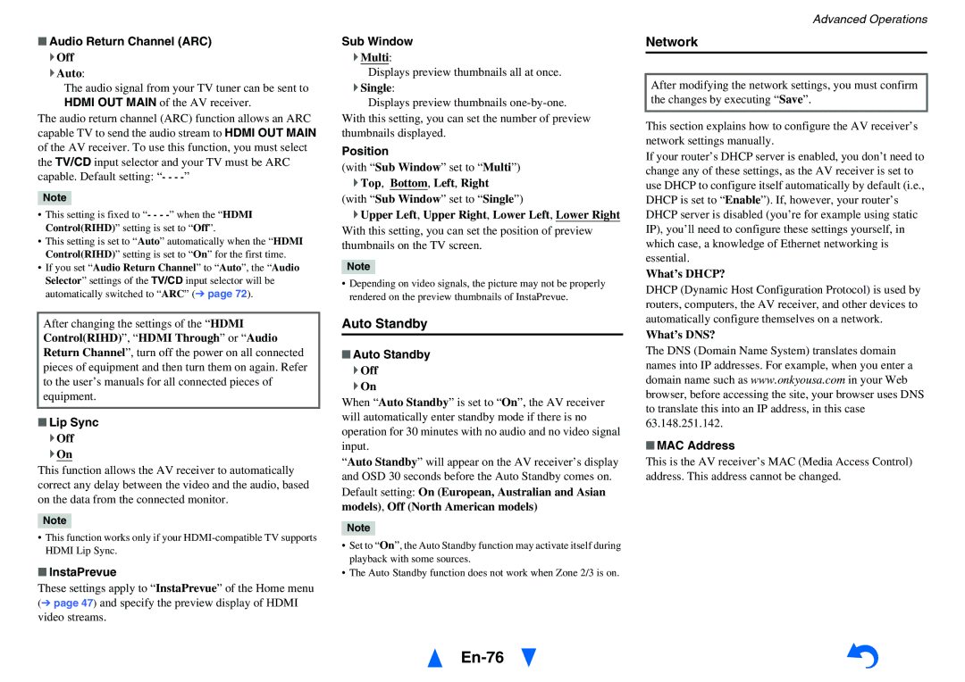Onkyo TX-NR818 instruction manual En-76, Auto Standby, Network 