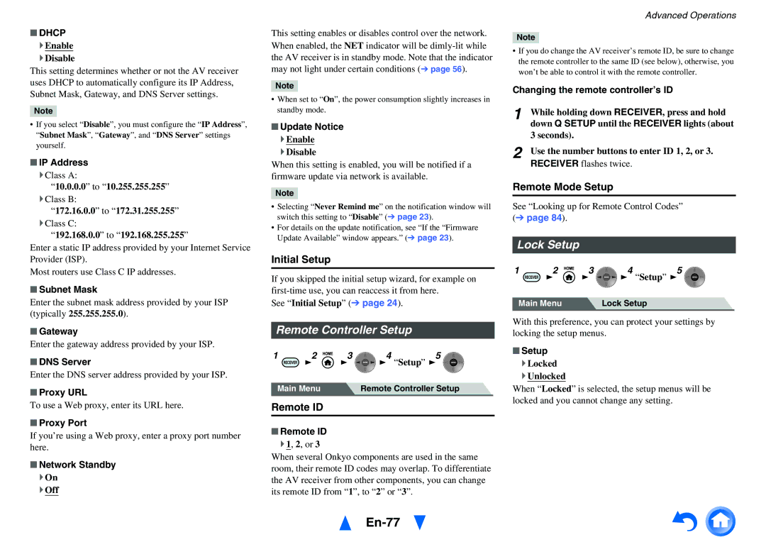 Onkyo TX-NR818 instruction manual En-77, Remote Controller Setup, Lock Setup 