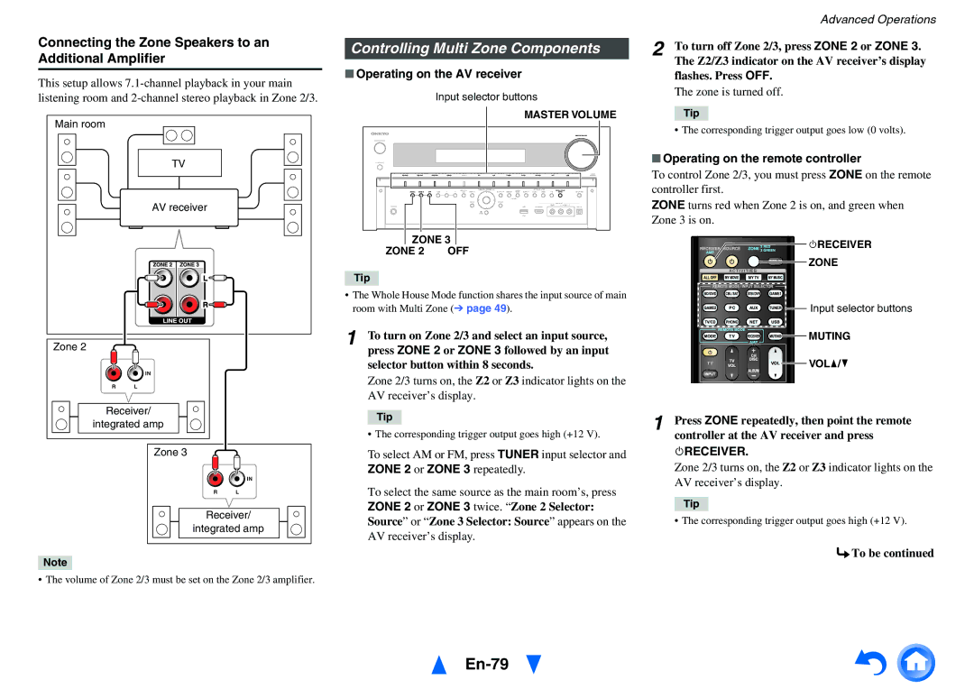 Onkyo TX-NR818 En-79, Controlling Multi Zone Components, Connecting the Zone Speakers to an Additional Amplifier 