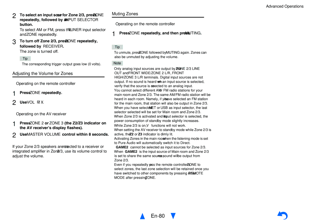 Onkyo TX-NR818 instruction manual En-80, Adjusting the Volume for Zones, Muting Zones 