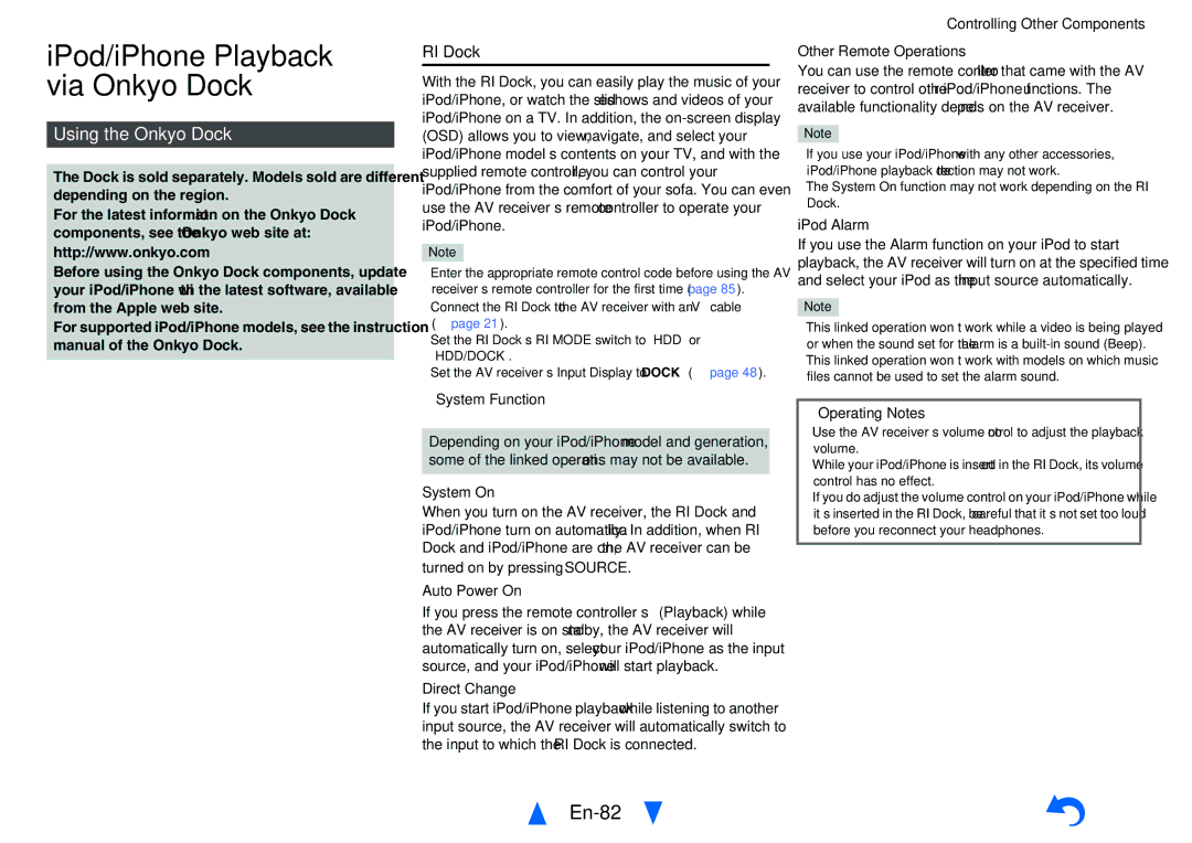 Onkyo TX-NR818 instruction manual IPod/iPhone Playback via Onkyo Dock, En-82, Using the Onkyo Dock, RI Dock 