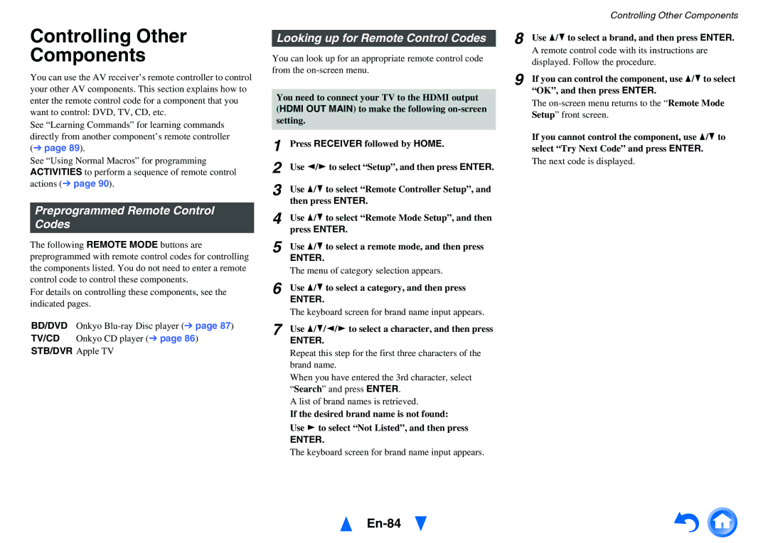 Onkyo TX-NR818 instruction manual Controlling Other Components, En-84, Preprogrammed Remote Control Codes, STB/DVR Apple TV 