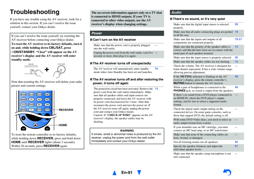 Onkyo TX-NR818 instruction manual Troubleshooting, En-91, Power, Audio 