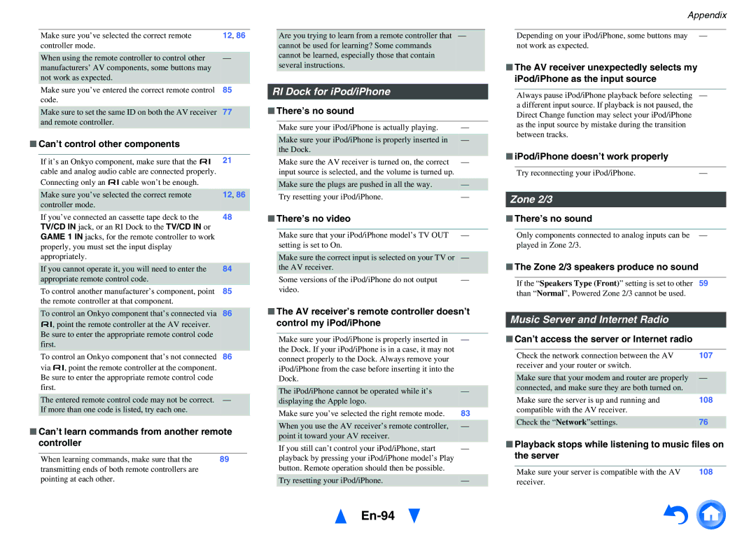 Onkyo TX-NR818 instruction manual En-94, RI Dock for iPod/iPhone, Zone 2/3, Music Server and Internet Radio 