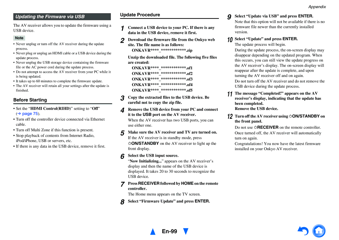 Onkyo TX-NR818 instruction manual En-99, Updating the Firmware via USB 