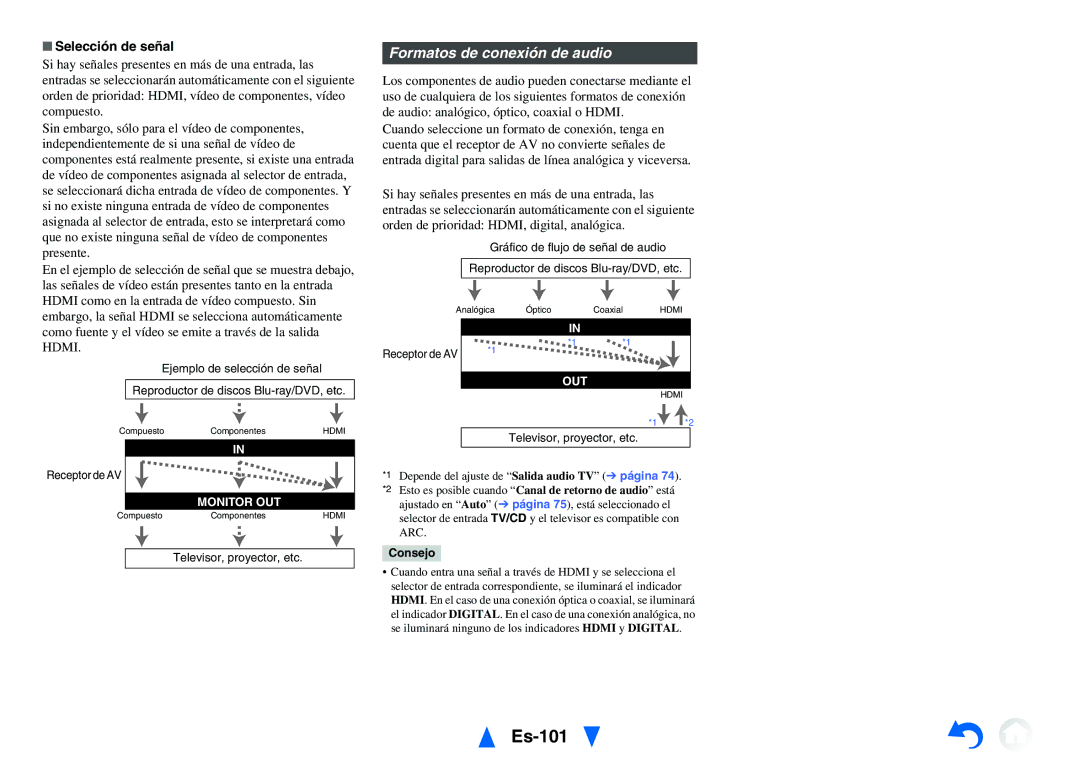 Onkyo TX-NR818 Es-101, Formatos de conexión de audio, Selección de señal, Ajustado en Auto página 75, está seleccionado el 