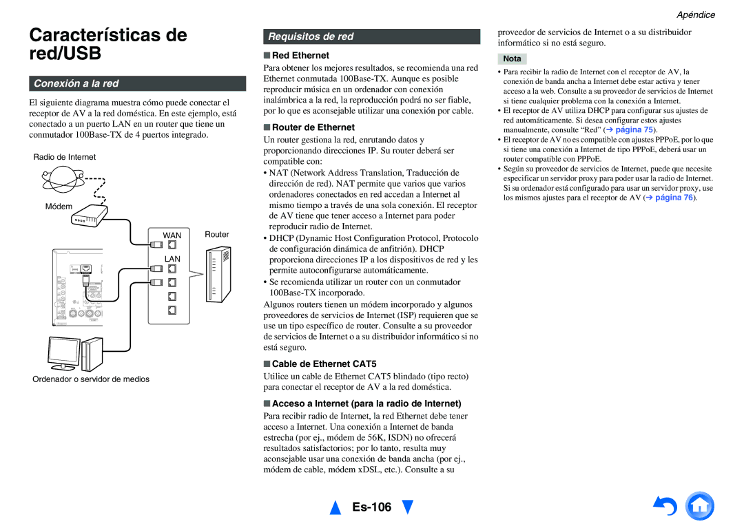 Onkyo TX-NR818 manual Características de red/USB, Es-106, Conexión a la red, Requisitos de red 