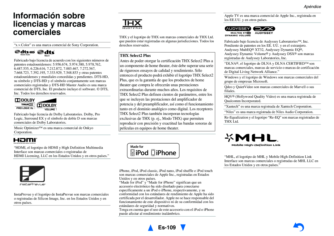 Onkyo TX-NR818 manual Información sobre licencias y marcas comerciales, Es-109, THX Select2 Plus 