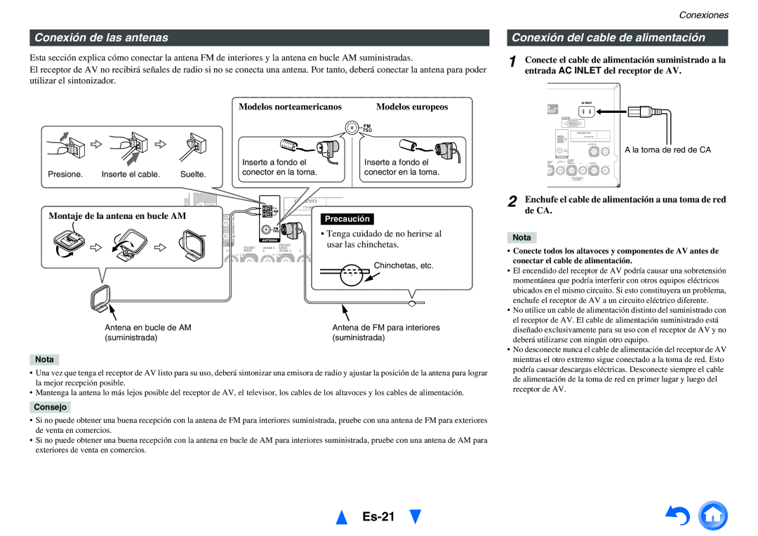 Onkyo TX-NR818 manual Es-21, Conexión de las antenas, Conexión del cable de alimentación, Montaje de la antena en bucle AM 