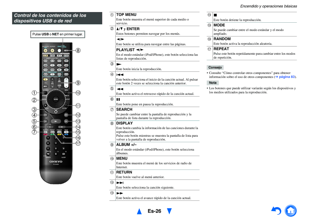 Onkyo TX-NR818 manual Es-26, Control de los contenidos de los dispositivos USB o de red 