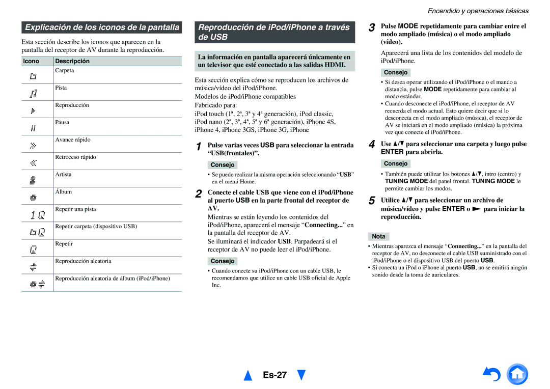 Onkyo TX-NR818 manual Es-27, Explicación de los iconos de la pantalla, Reproducción de iPod/iPhone a través de USB 