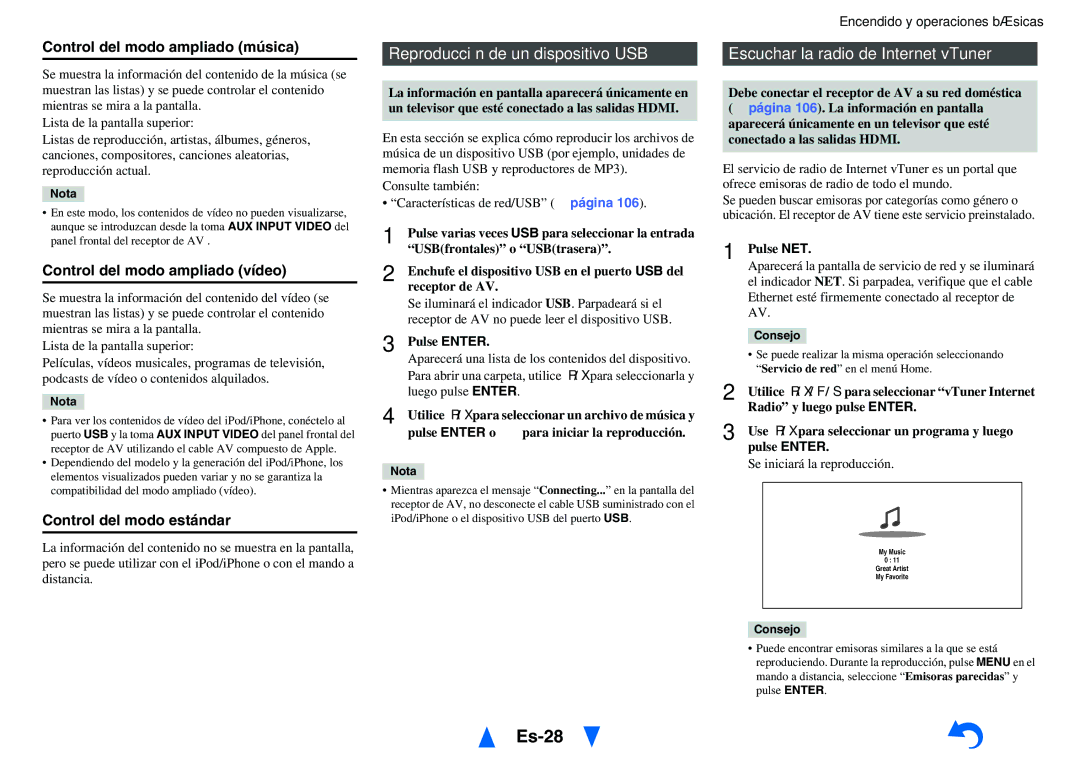 Onkyo TX-NR818 manual Es-28, Reproducción de un dispositivo USB, Escuchar la radio de Internet vTuner 