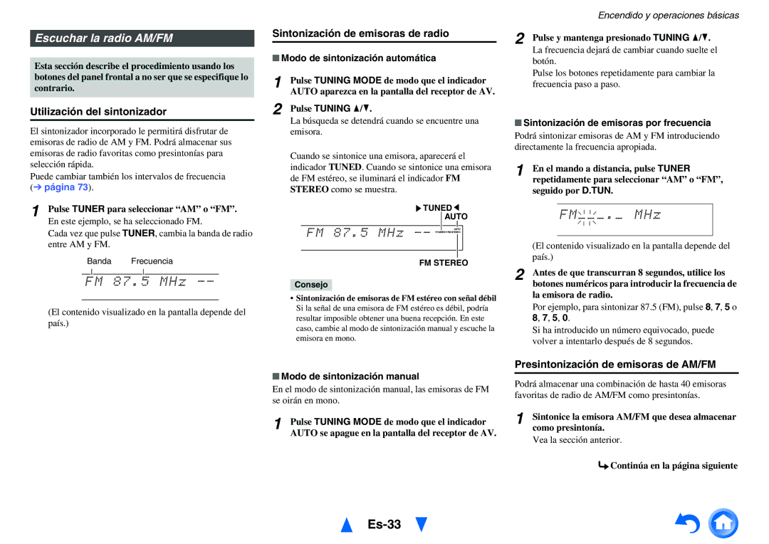 Onkyo TX-NR818 manual Es-33, Escuchar la radio AM/FM, Utilización del sintonizador, Sintonización de emisoras de radio 