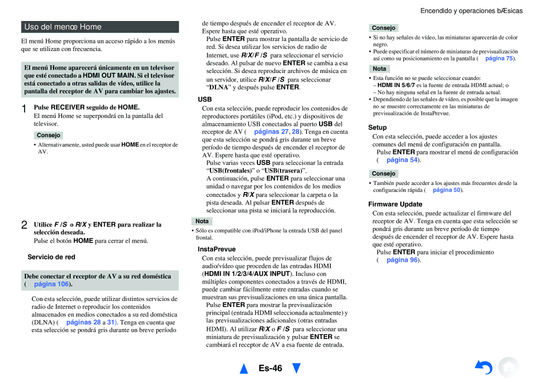 Onkyo TX-NR818 manual Es-46, Uso del menú Home, Usb 