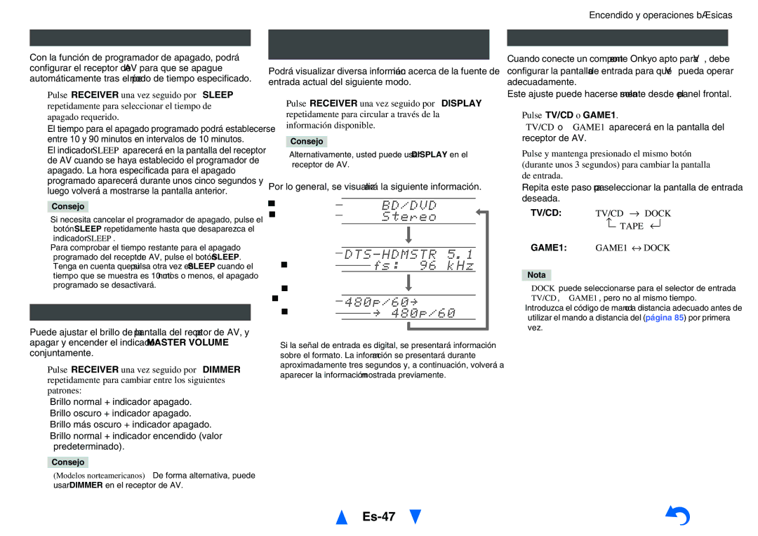 Onkyo TX-NR818 Es-47, Ajuste del brillo de la pantalla, Visualización de información de la fuente, Pulse TV/CD o GAME1 