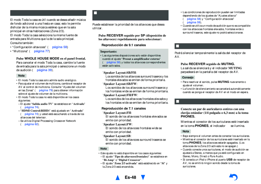 Onkyo TX-NR818 Es-48, Uso del modo Toda la casa, Selección de la disposición de los altavoces, Utilización de auriculares 