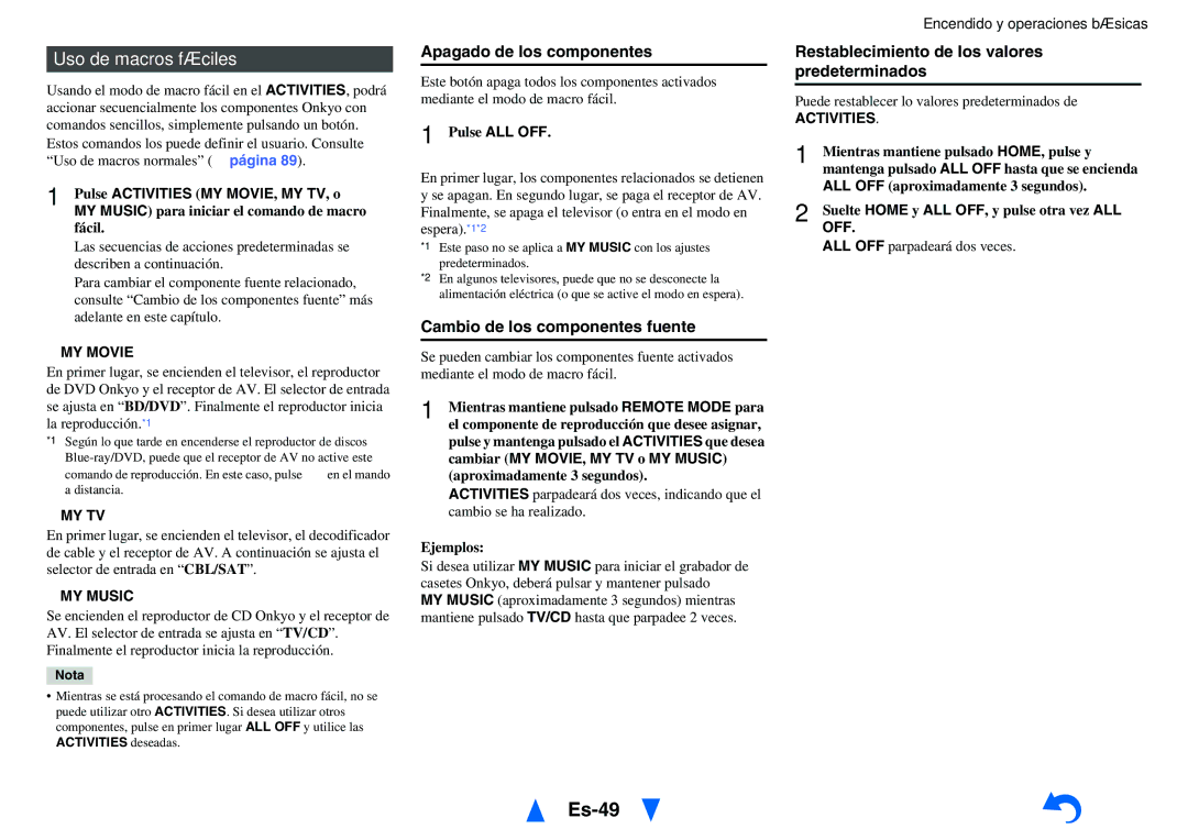 Onkyo TX-NR818 manual Es-49, Uso de macros fáciles, Apagado de los componentes, Cambio de los componentes fuente 