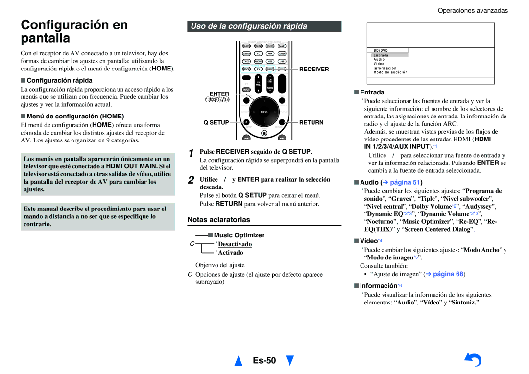 Onkyo TX-NR818 manual Configuración en pantalla, Es-50, Uso de la configuración rápida, Notas aclaratorias 