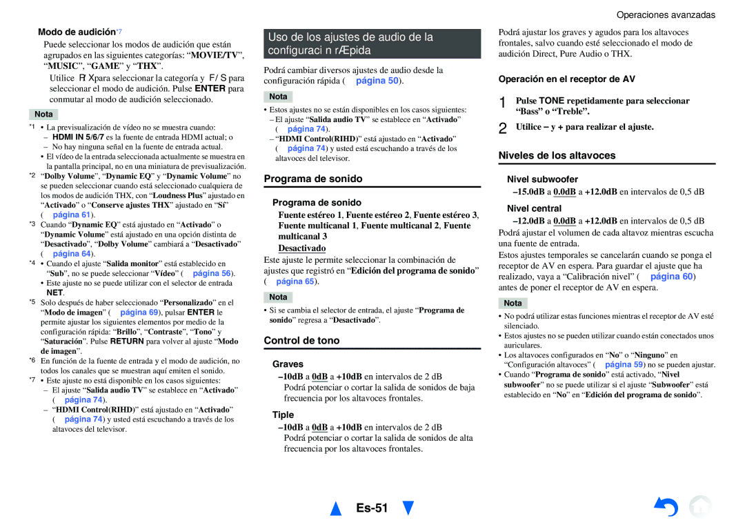 Onkyo TX-NR818 manual Es-51, Uso de los ajustes de audio de la configuración rápida, Programa de sonido, Control de tono 