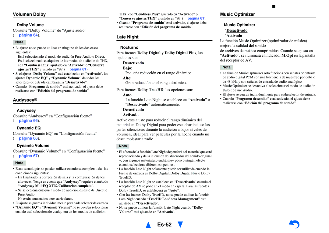 Onkyo TX-NR818 manual Es-52, Volumen Dolby, Audyssey, Late Night, Music Optimizer 