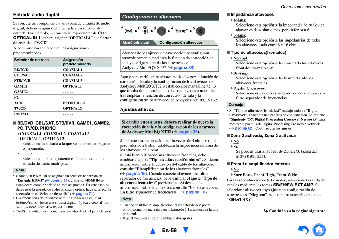Onkyo TX-NR818 manual Es-58, Configuración altavoces, Entrada audio digital, Ajustes altavoz 