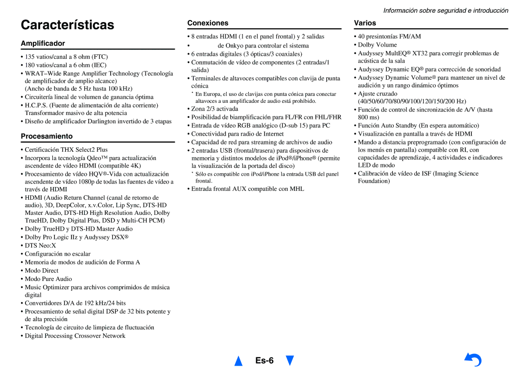 Onkyo TX-NR818 manual Características, Es-6 