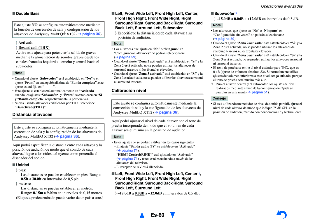 Onkyo TX-NR818 manual Es-60, Distancia altavoces, Calibración nivel 