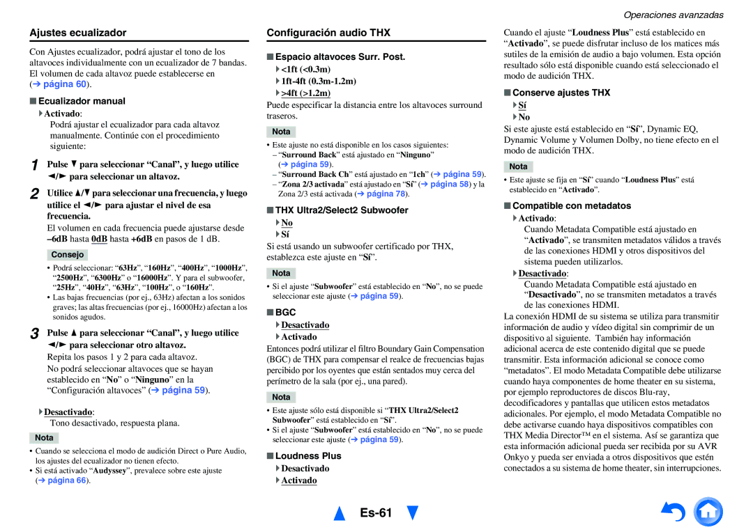 Onkyo TX-NR818 manual Es-61, Ajustes ecualizador, Configuración audio THX, Bgc 