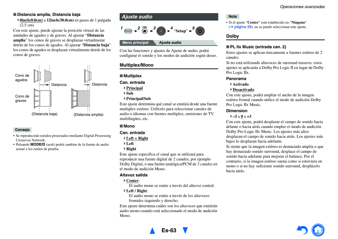 Onkyo TX-NR818 manual Es-63, Ajuste audio, Multiplex/Mono, Dolby 